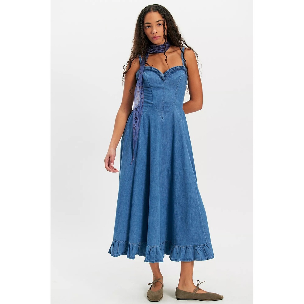 Free People Womens Another Season Denim Midi Dress Boardwalk Blue S Western Boho